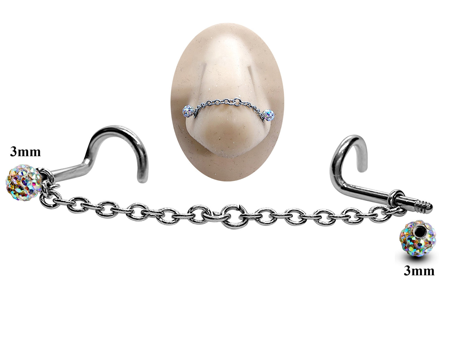 Titanium Nose Chain, Nostril Chain - Nasallang Piercing with Disco Ball Crystal - Nose Piercing, Nose Bridge Chain, Nostril Jewellery