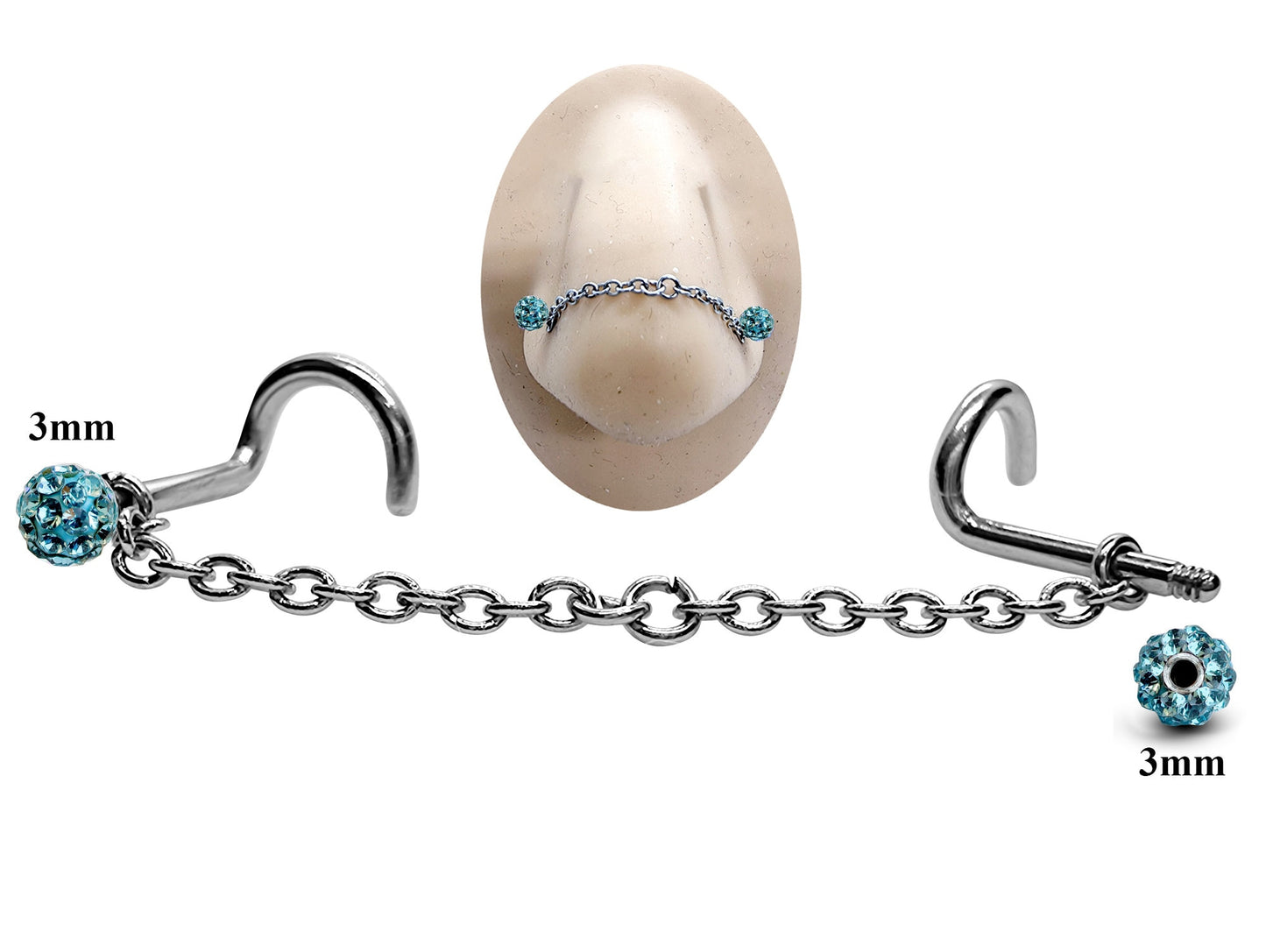 Titanium Nose Chain, Nostril Chain - Nasallang Piercing with Disco Ball Crystal - Nose Piercing, Nose Bridge Chain, Nostril Jewellery