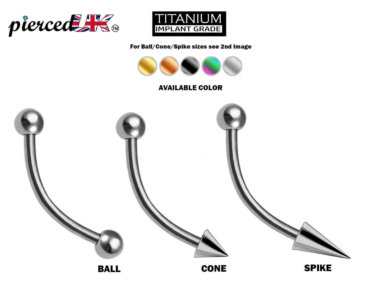 Titanium Vertical Labret Lip Jewelry BallConeSpike Curved Barbell Eyebrow Jewelry, Rook, Daith, Cartilage, Nose Piercing, Belly Ring