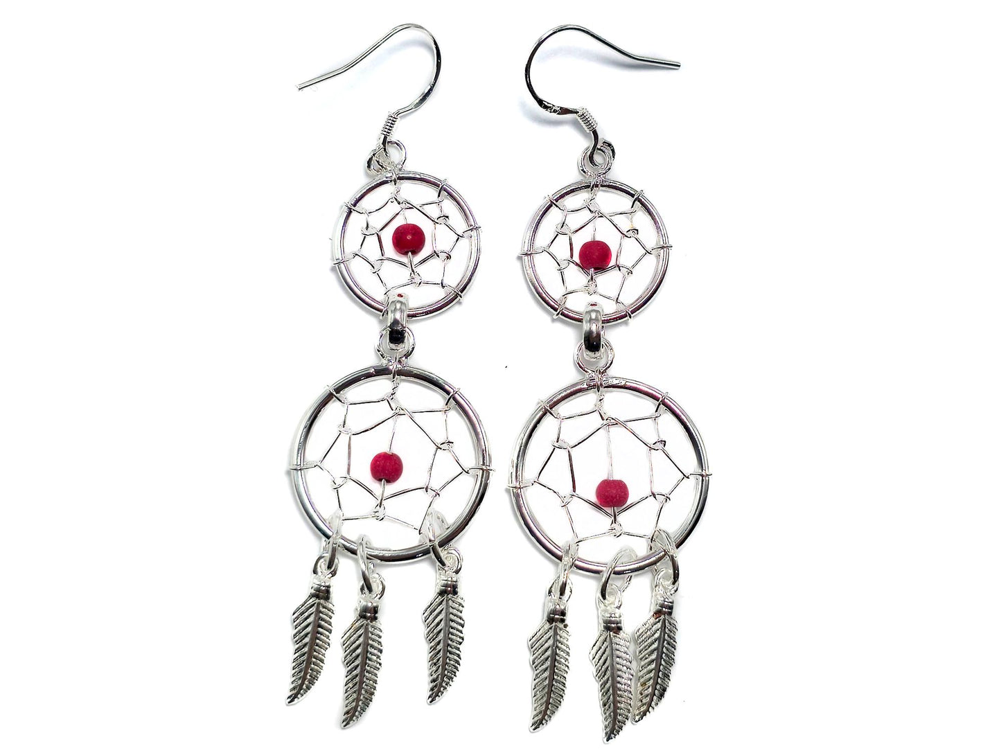 Dreamcatcher Silver Dangle Earrings with Genuine stone Beads Turquoise, Coral, Onyx, and Lapis - Handmade Jewellery