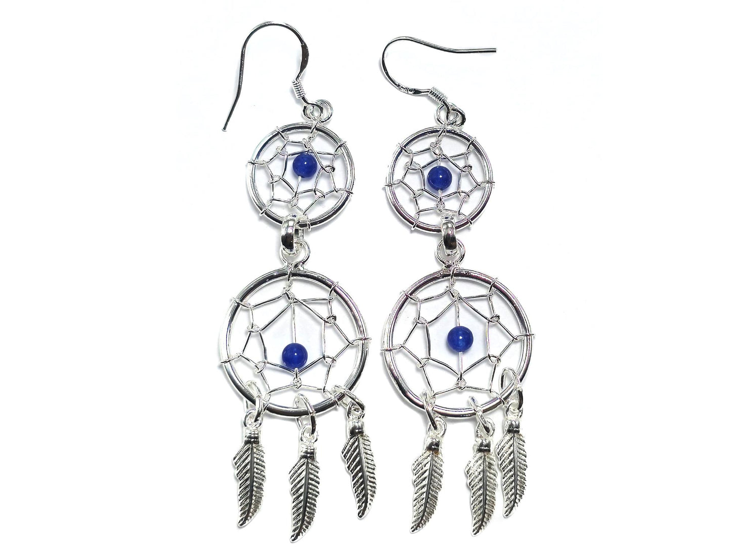 Dreamcatcher Silver Dangle Earrings with Genuine stone Beads Turquoise, Coral, Onyx, and Lapis - Handmade Jewellery