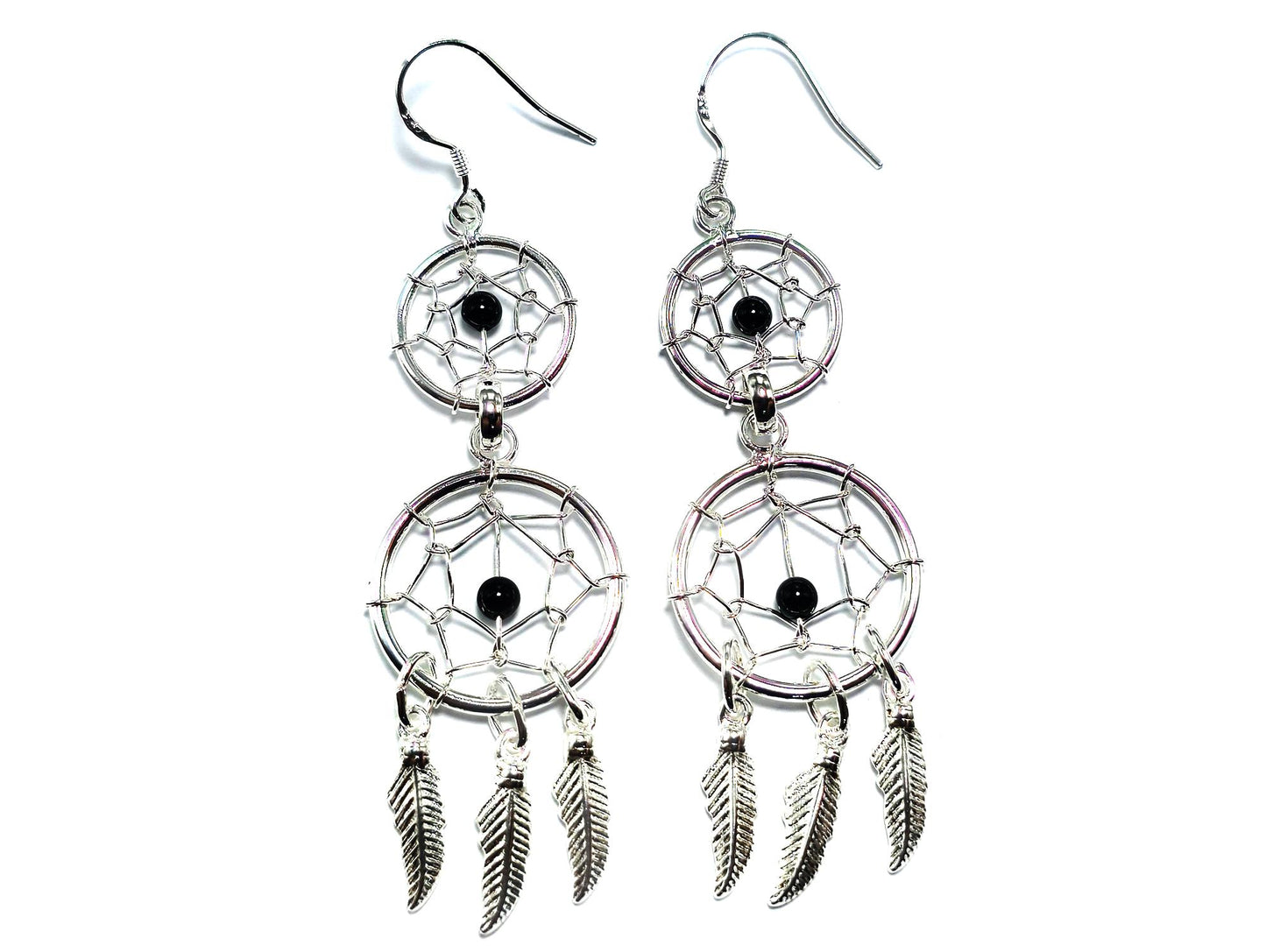 Dreamcatcher Silver Dangle Earrings with Genuine stone Beads Turquoise, Coral, Onyx, and Lapis - Handmade Jewellery