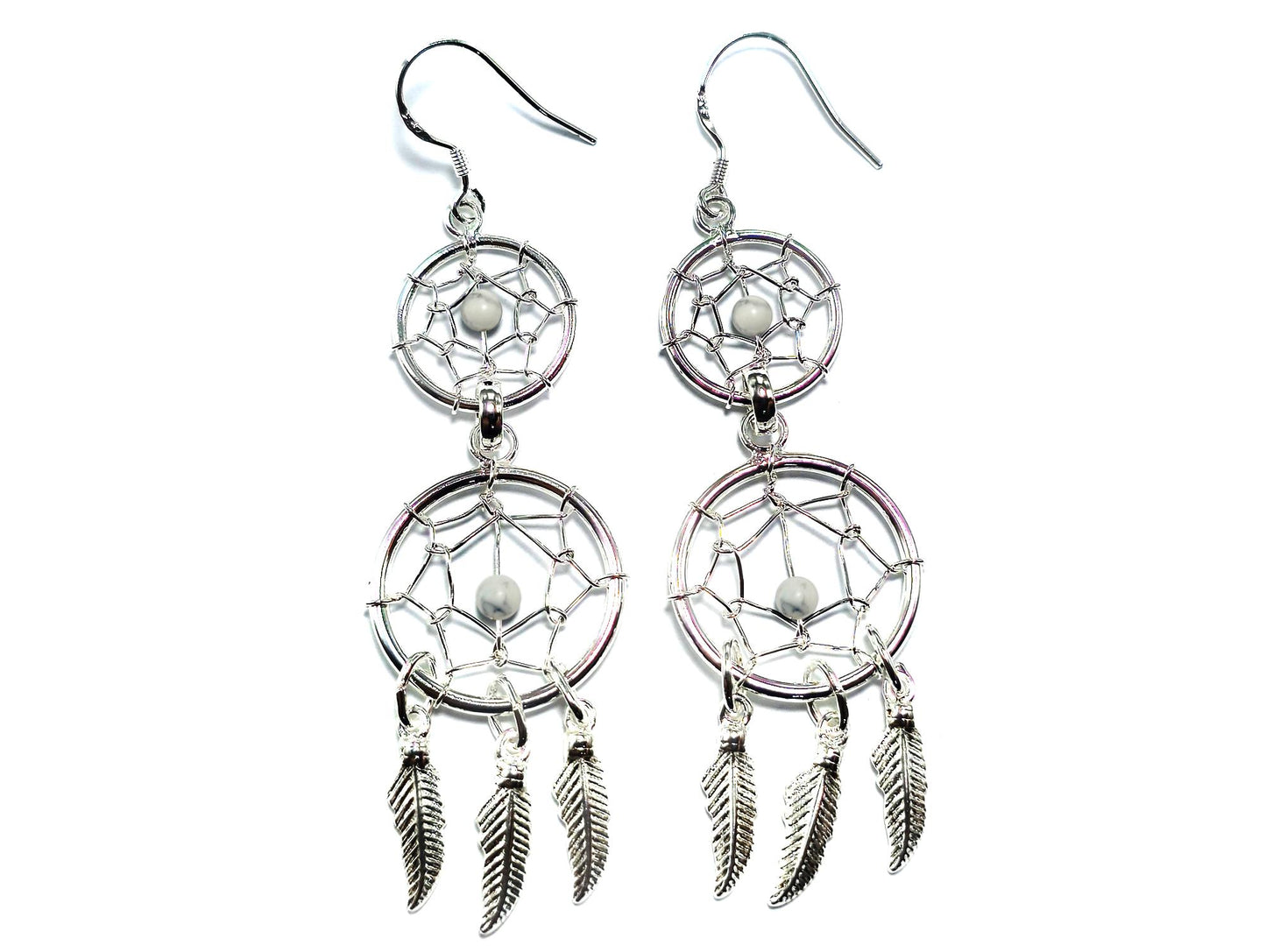 Dreamcatcher Silver Dangle Earrings with Genuine stone Beads Turquoise, Coral, Onyx, and Lapis - Handmade Jewellery