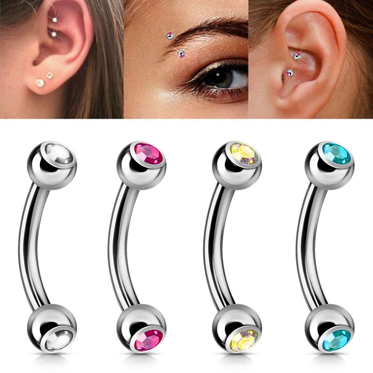 Curved Barbell, Barbell Piercing - Double Jeweled Bent Barbell - 18g 16g 14g - Piercing for belly ring, eyebrows, Ear, Tragus, Helix