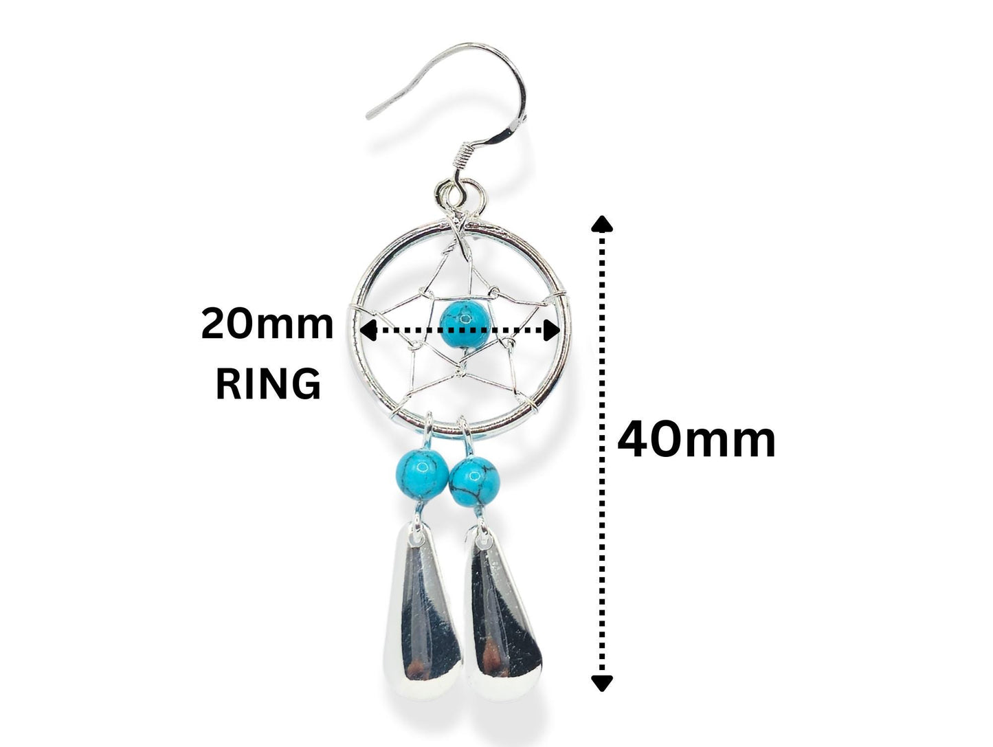 Handmade Silver Dreamcatcher Dangle Earrings with Genuine stone Beads Turquoise, Coral, Onyx and Lapis