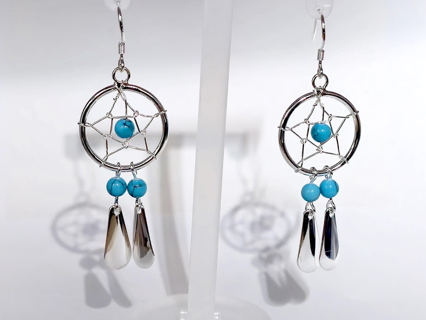 Handmade Silver Dreamcatcher Dangle Earrings with Genuine stone Beads Turquoise, Coral, Onyx and Lapis