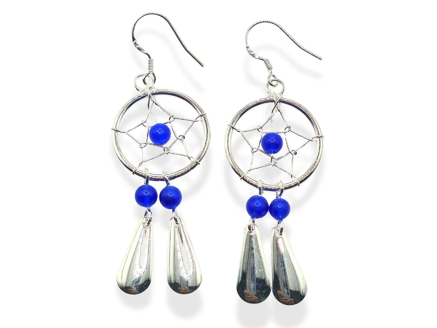 Handmade Silver Dreamcatcher Dangle Earrings with Genuine stone Beads Turquoise, Coral, Onyx and Lapis