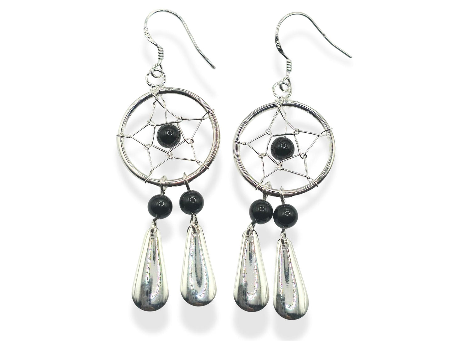 Handmade Silver Dreamcatcher Dangle Earrings with Genuine stone Beads Turquoise, Coral, Onyx and Lapis