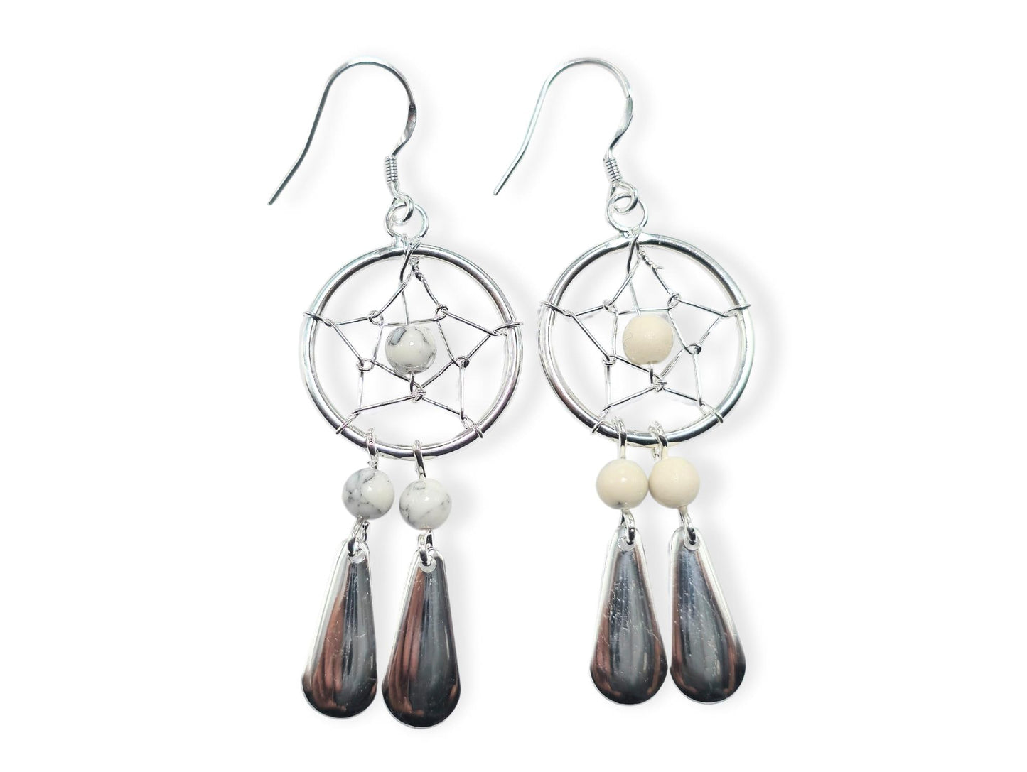 Handmade Silver Dreamcatcher Dangle Earrings with Genuine stone Beads Turquoise, Coral, Onyx and Lapis