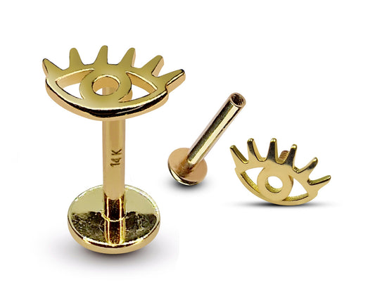 14K Gold Evil Eye Tragus Earring, Cartilage Piercing Labret Studs- Internally Threading Body Jewellery Ear Piercing