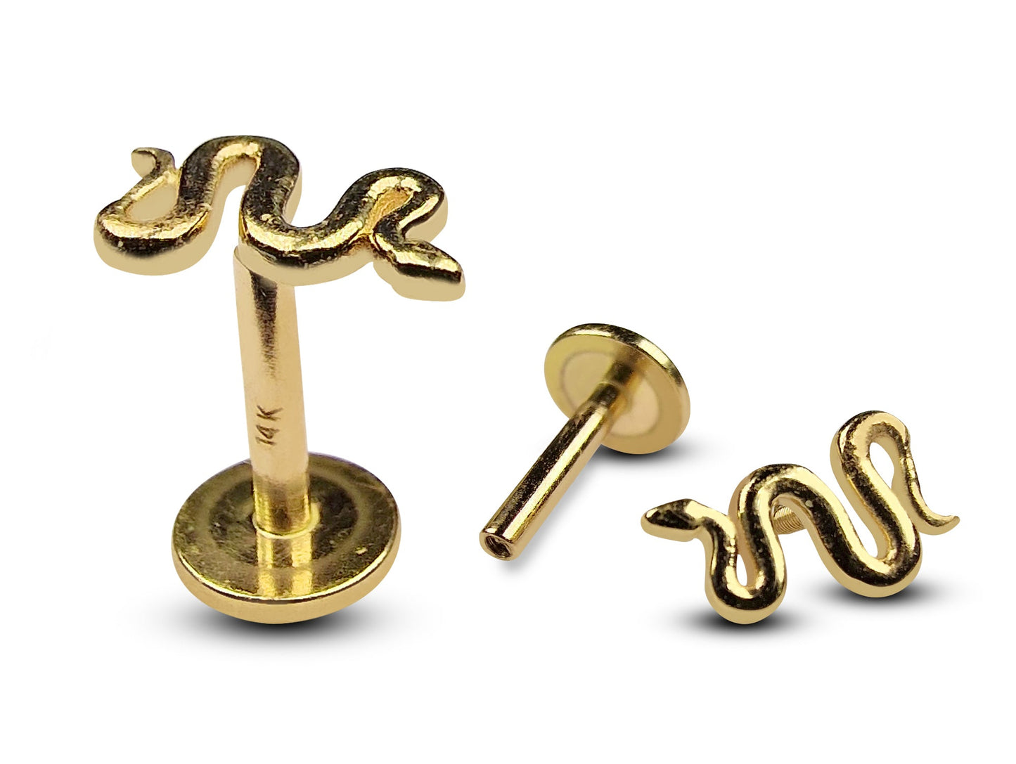 14K Gold Snake Tragus Cartilage Piercing, Labret Stud, Lip Ring - 16G Internally Threading Body Jewellery Ear Piercing