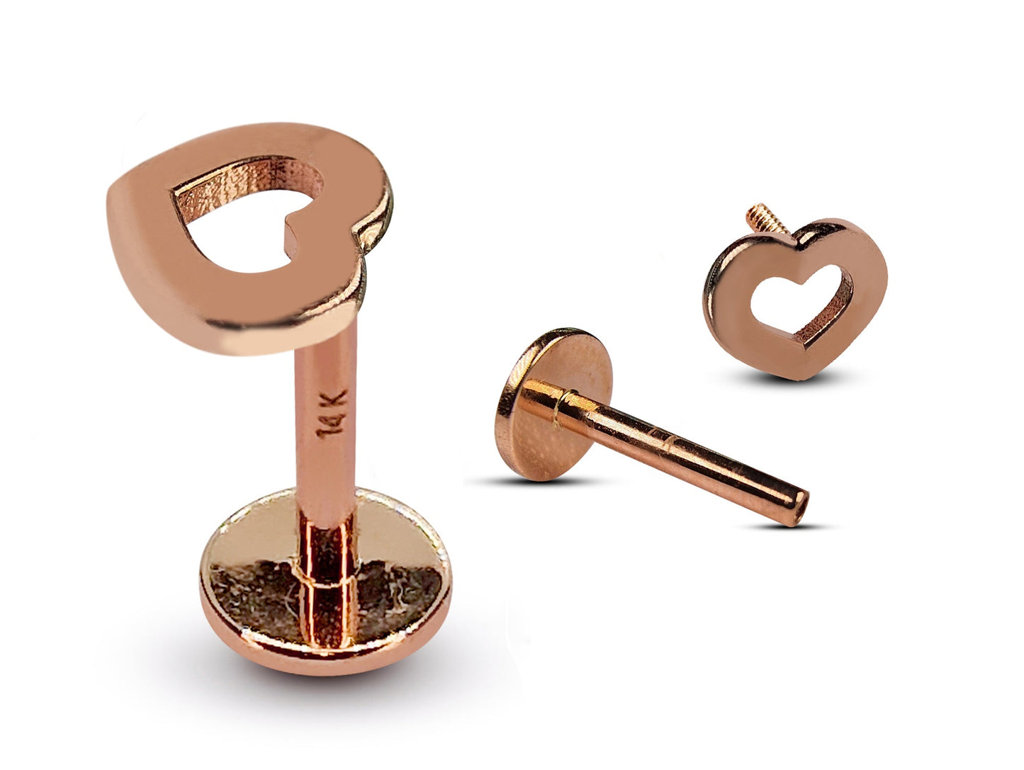 14K Rose Gold Heart Tragus Piercing, Ear Jewelry, Labret Studs - Internally Threading Body Jewellery Ear Piercing