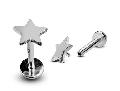 14K White Gold Star Shape Tragus Earring, Labret Stud, Helix Cartilage Piercing - Internally Threading Body Jewellery Ear Piercing