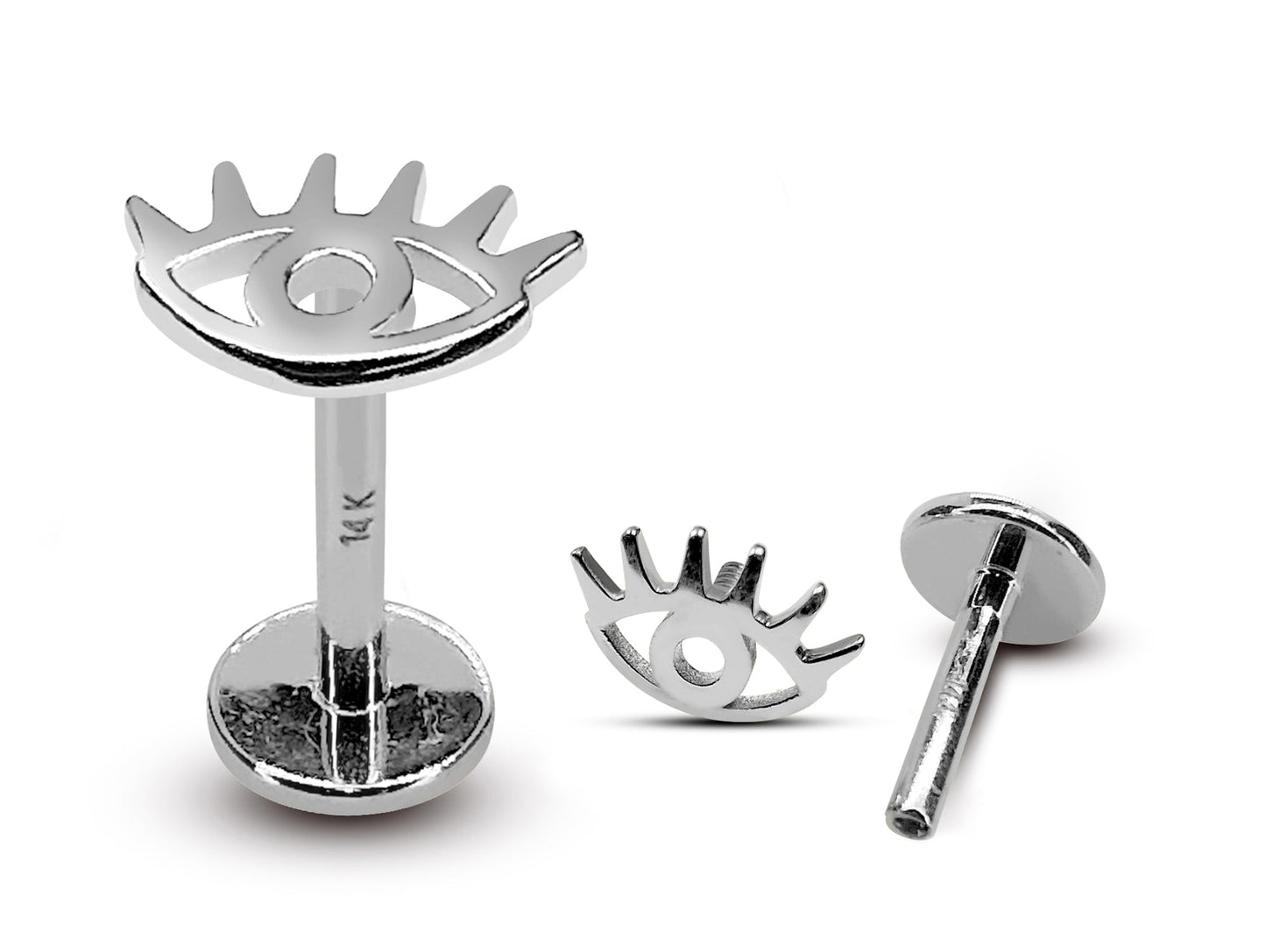 14K White Gold Evil Eye Tragus Earring, Labret Stud, Helix Cartilage Piercing - Internally Threading Body Jewellery Ear Piercing