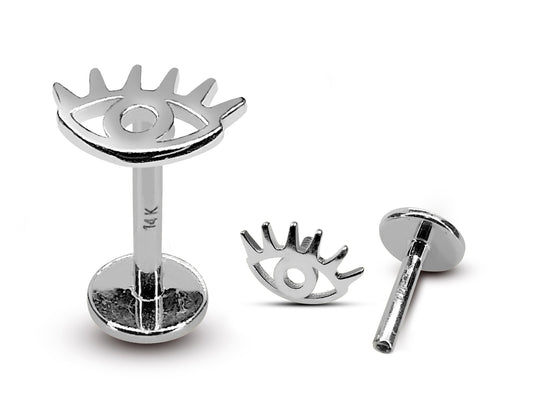 14K White Gold Evil Eye Tragus Earring, Labret Stud, Helix Cartilage Piercing - Internally Threading Body Jewellery Ear Piercing