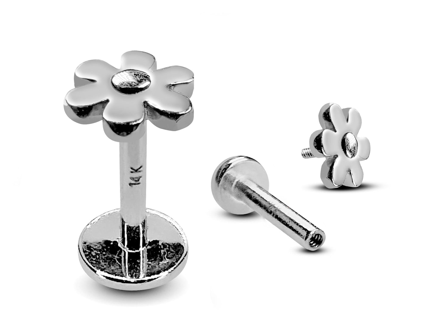 14K White Gold Flower Tragus Earring, Labret Stud, Helix Cartilage Piercing - Internally Threading Body Jewellery Ear Piercing
