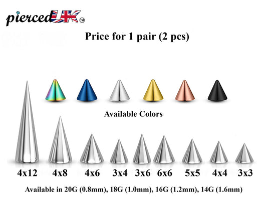 Spike Piercing, Pair of Spike and Cone Replacement Piercing Parts – 16g, 14g Attachment for Barbell, Labret, Horseshoe Bar and More.