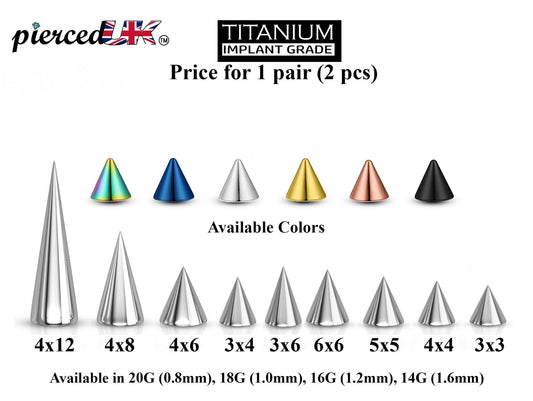 Titanium Spike Piercing, Pair of Spike and Cone Replacement Piercing Parts– 16g, 14g Attachment for Barbell, Labret, Horseshoe Bar and More.