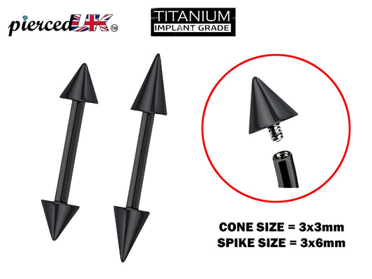 Titanium Black Spike Barbell Piercing, Ear Cartilage Stud Nipple Bar - Internally Threaded Body Jewellery 16G 14G
