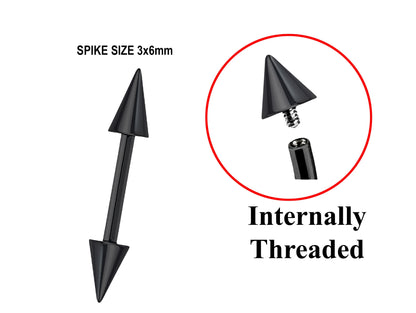 Titanium Black Spike Barbell Piercing, Ear Cartilage Stud Nipple Bar - Internally Threaded Body Jewellery 16G 14G