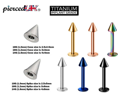 Titanium Spike Labret, Labret Stud – Labret Cone  Spike Piercing available in many Colours – 18g, 16g, 14g Labret Piercing for Lip.