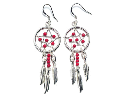 Handmade Silver Dreamcatcher Earrings with Genuine Turquoise, Coral, Onyx & Lapis Beads – Dangle Hook Design