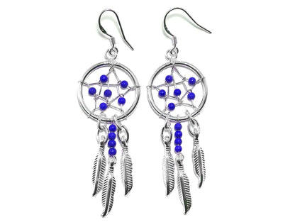 Handmade Silver Dreamcatcher Earrings with Genuine Turquoise, Coral, Onyx & Lapis Beads – Dangle Hook Design