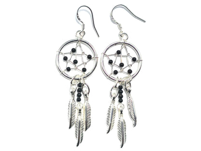 Handmade Silver Dreamcatcher Earrings with Genuine Turquoise, Coral, Onyx & Lapis Beads – Dangle Hook Design