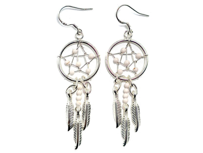 Handmade Silver Dreamcatcher Earrings with Genuine Turquoise, Coral, Onyx & Lapis Beads – Dangle Hook Design