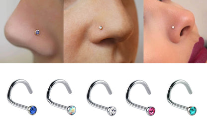 Nostril Screw Ring, Nose Studs - Curved Nose Ring for Nose Piercing - Size 16g (1.2mm) and CZ Gem Size is 2.4mm - Many Colours Available