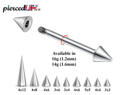 Spike Barbell, Industrial Piercing Spike – Cone Spike Straight Barbell  16g, 14g (1.2 & 1.6mm) – Nipple, Cartilage, Ear Piercing