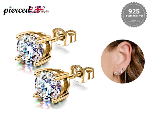 Gold Earrings for Women -18K Gold Plated Silver Solitaire Round Stud Earrings - Highest Quality Crystals Hand Set  - Size 2mm to 7mm
