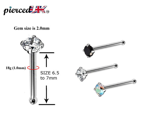 Nose Pin, Nose Studs - Nose Bone Stud with Prong Set CZ Crystals - Nose Piercing Size 18g (1.0mm)