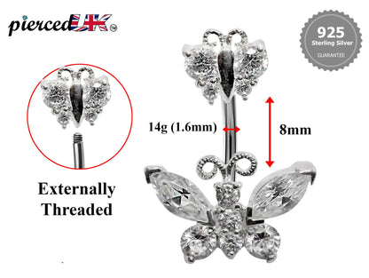Silver Belly Button Rings, Navel Piercing Double Butterfly Belly Piercing with High Quality Crystals Navel Jewelry 16g(1.6mm) Length is 8mm