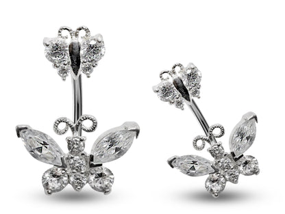 Silver Belly Button Rings, Navel Piercing Double Butterfly Belly Piercing with High Quality Crystals Navel Jewelry 16g(1.6mm) Length is 8mm