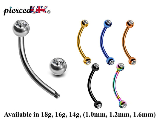 Curved Barbell, Daith Piercing – 18g, 16g, 14g  Eyebrow Piercing Jewelry in many Colors with Clear Crystal Top Gem Ball