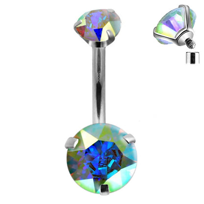Belly Bar, Belly Button Rings - Internally Threaded top Gem Belly Button Piercing - 14g (1.6mm) 10mm - Prong Set AAA+ CZ Crystals