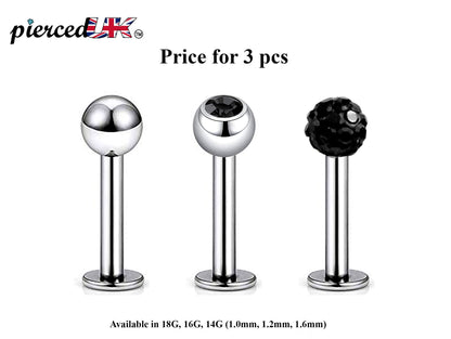 Labret Stud, Labret Piercing – 3pcs Flatback Lip Piercing Jewelry – Ball / Gem ball / Disco ball – Labret Piercing for Lip, Chin and More