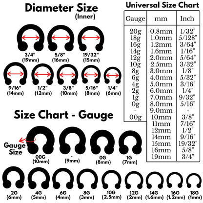 Black Horseshoe Septum Ring, Nose Ring - 2pcs Big Size Horseshoe piercing (CBB) - 10g to 00g size 12mm to 19mm - Internally Threading