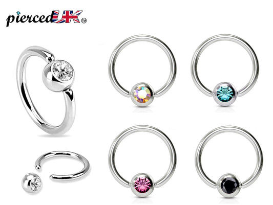 Captive Bead Ring, Captive Ball Earrings – Ball Closure Ball with Dimple Gem Ball - Piercing for Septum, Eyebrow, Nipple, Lip and More