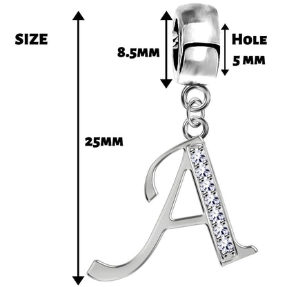 Alphabet Charms, Silver Initial Letter for Charm Bracelet with High Quality CZ Crystals - A to Z - for both Bracelet and Necklaces