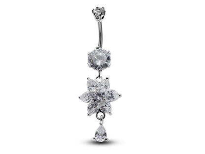 Silver Flower Belly Bars, Navel Ring - Dangle with Tear Drop Belly Piercing with CZ Crystals - Navel Jewelry - 16g (1.6mm) Length is 10mm