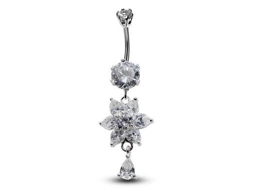Silver Flower Belly Bars, Navel Ring - Dangle with Tear Drop Belly Piercing with CZ Crystals - Navel Jewelry - 16g (1.6mm) Length is 10mm