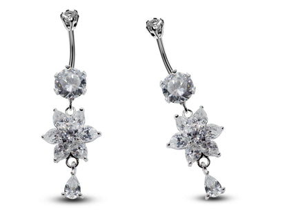Silver Flower Belly Bars, Navel Ring - Dangle with Tear Drop Belly Piercing with CZ Crystals - Navel Jewelry - 16g (1.6mm) Length is 10mm