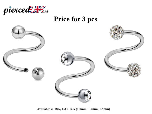 Spiral Barbell, Twist Barbell – 3pcs Piercings with Ball / Gem Ball / Disco Ball for Ear, Eyebrow piercing, Lip Ring, Cartilage, Helix etc.