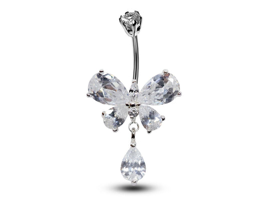 Silver Belly Button Ring, Belly Bars- Dangle Tear drop Butterfly Belly Ring with High Quality Crystals - Navel Ring - 16g (1.6mm)