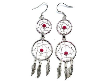 Dreamcatcher Silver Dangle Earrings with Genuine stone Beads Turquoise, Coral, Onyx, and Lapis - Handmade Jewellery