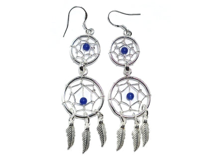 Dreamcatcher Silver Dangle Earrings with Genuine stone Beads Turquoise, Coral, Onyx, and Lapis - Handmade Jewellery