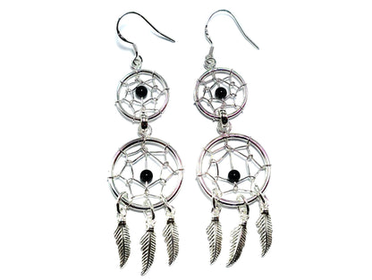 Dreamcatcher Silver Dangle Earrings with Genuine stone Beads Turquoise, Coral, Onyx, and Lapis - Handmade Jewellery