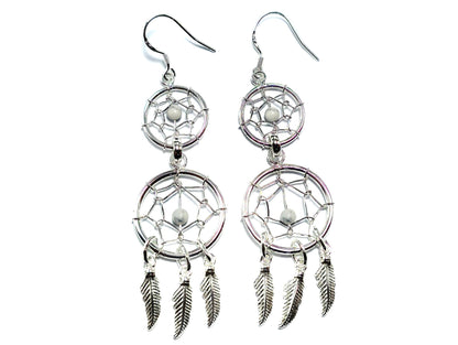 Dreamcatcher Silver Dangle Earrings with Genuine stone Beads Turquoise, Coral, Onyx, and Lapis - Handmade Jewellery